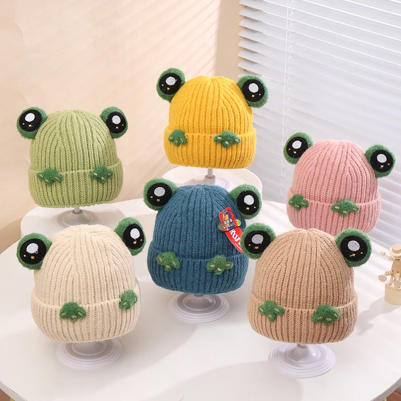 

2023 New Autumn Winter Baby Knitted Hats Girls Acrylic Thickening Warm Toddler Beanie Cute Frog Newborn Hats For 1-4 Years