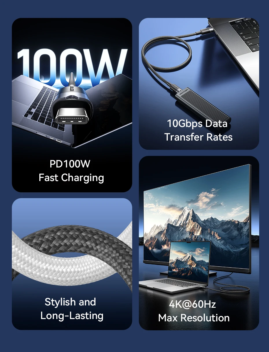 Vention 100W Kabel 10Gbps USB-C auf Typ-C Kabel USB 3.2 Gen2 Schnellladekabel 4K@60Hz Typ-C Kabel für iPhone 17 16 15 Maxbook – Detail 2