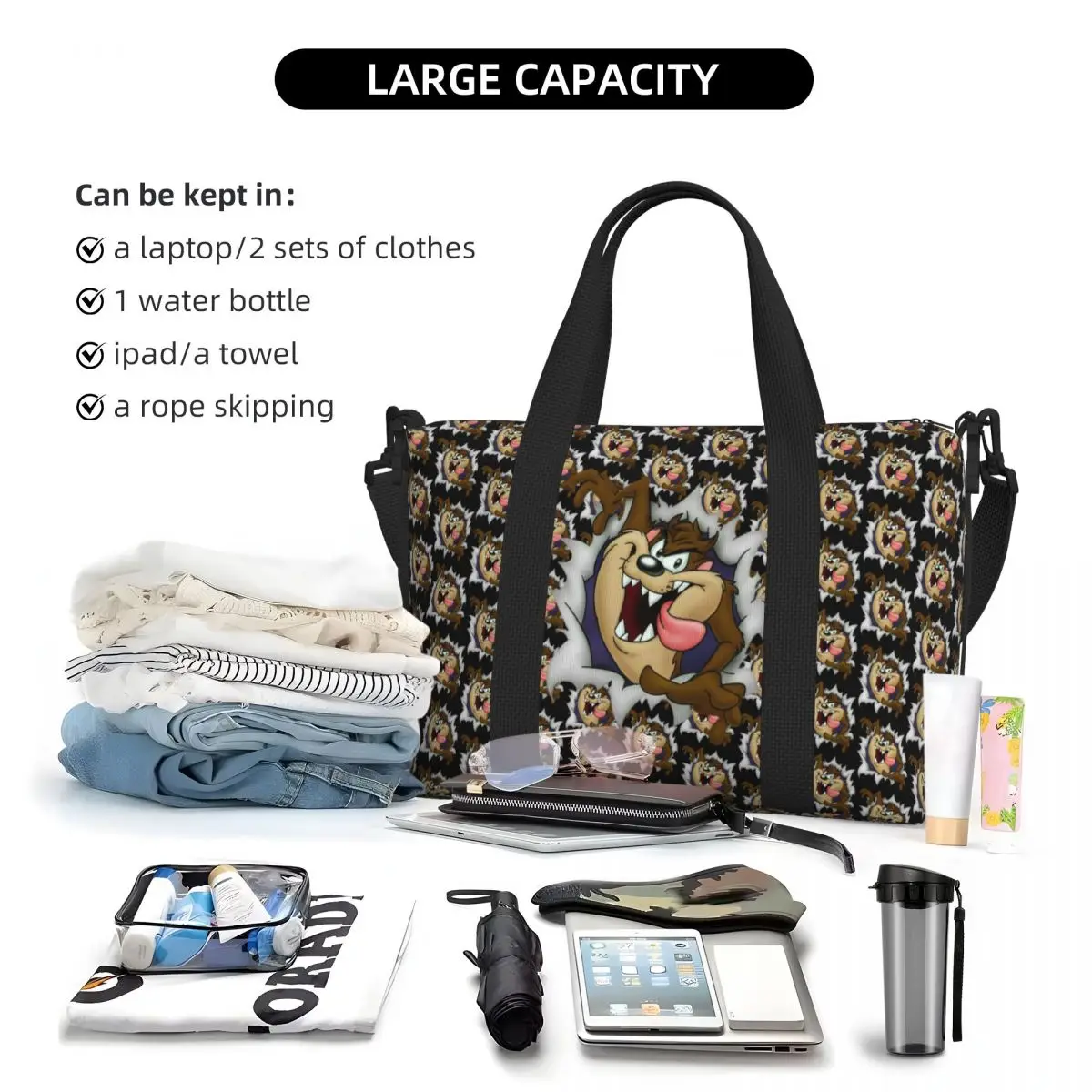 Tasmanian Devils Beach Tote Bag Women Extra Large Gym Carry On Taz Cartoon Comic Travel Shopping Bags travel bags duffel bag