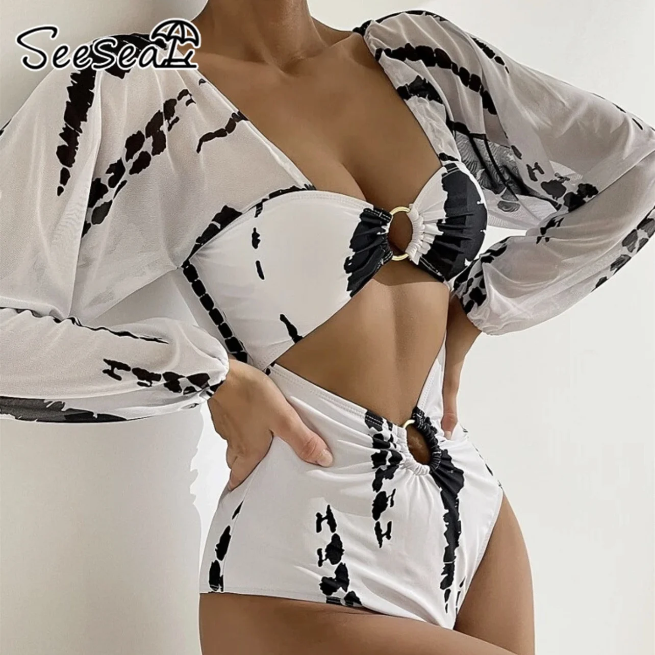 

Купальник SeeSeaC женский сплошной с длинным рукавом, пикантный купальный костюм с вырезами, модное боди, летняя уличная одежда