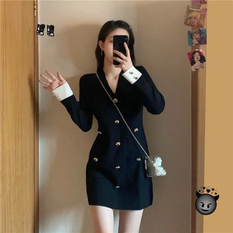 

Women Knitted Sheath Dresses 2023 New Autumn Office Bodycon Kniting Dress Casual Elastic Sexy V Neck Button Retro Sweater Dress