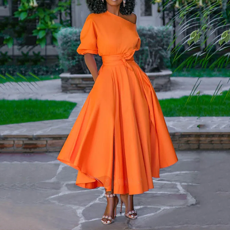 

Женское вечернее платье, облегающее платье средней длины на одно плечо с высокой талией, однотонное платье с широкой юбкой для свадьбы и выпускного вечера, женская одежда