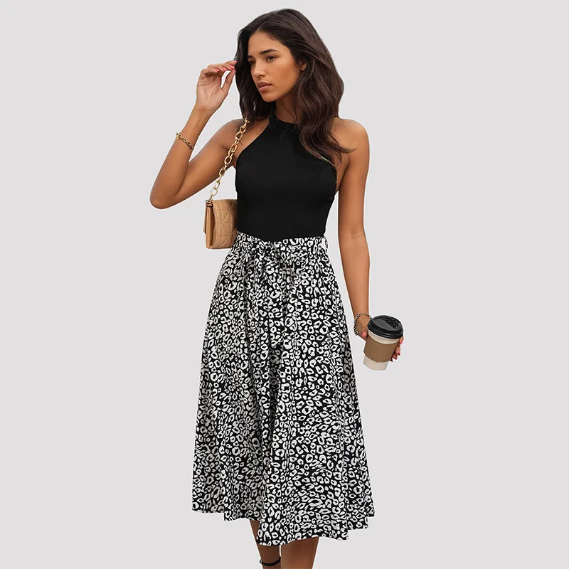 

Leopard Patchwork Women's Dress Halter Casual 2024 Spring Summer Sleeveless Black Evening Party Dresses Sexy Vestido