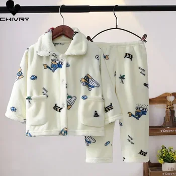 New Kids Boys Girls Autumn Winter Soft Flannel Pajamas Sets Cartoon Long Sleeve Lapel Tops with Pants Pyjamas Sleepwear Clothing 1