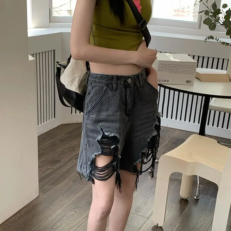 Korean Fashion Irregular Hole Jeans Female Clothing American Retro Summer Thin High Waist Button Zipper Basic Loose Knee Pants