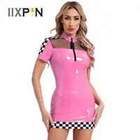 Womens Sexy Racer Driver Mini Dress Wet Look PU Leather Checkerboard Short Sleeve See Through Mesh Bodycon Dress for Party Club 1