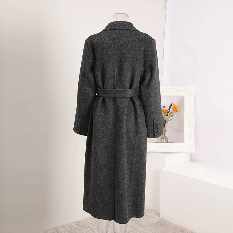 LANMREM Dark Grey Women's Suit Collar Double-faced Woolen Coat autumn Winter Loose Casual Straight Overcoat With Belt CPG4195 - Image 3