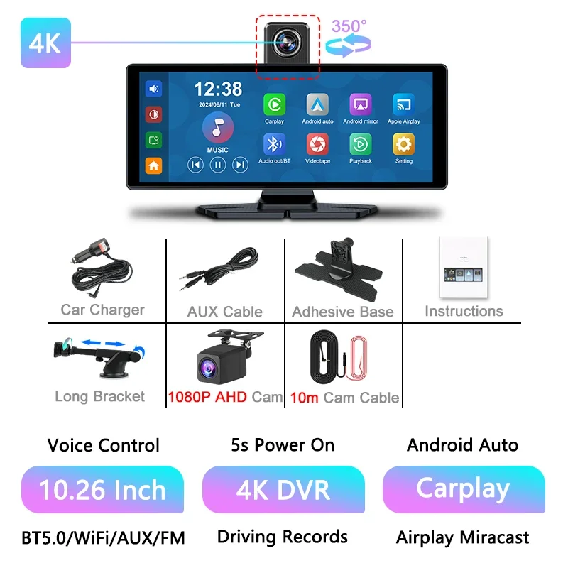 Cámara de salpicadero 4K de 10,26" con pantalla de 2160P, DVR, Carplay, Android Auto, grabadora de vídeo, accesorios para monitor de cámara de salpicadero, navegación GPS, WIFI 5G