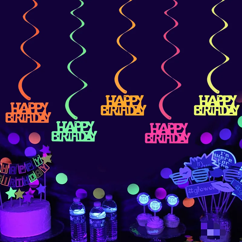 UV Glow Paper Banner Happy Birthday Garland Star Hanging Spirals Neon Party Decoration Favors Wedding Supplies Glow in the Dark
