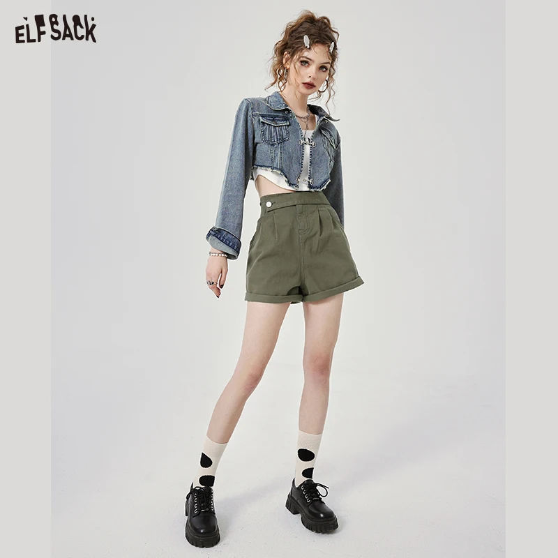 ELFSACK Vintage High Waist Denim Shorts Woman 2023 Spring New Casual Daily Bottoms