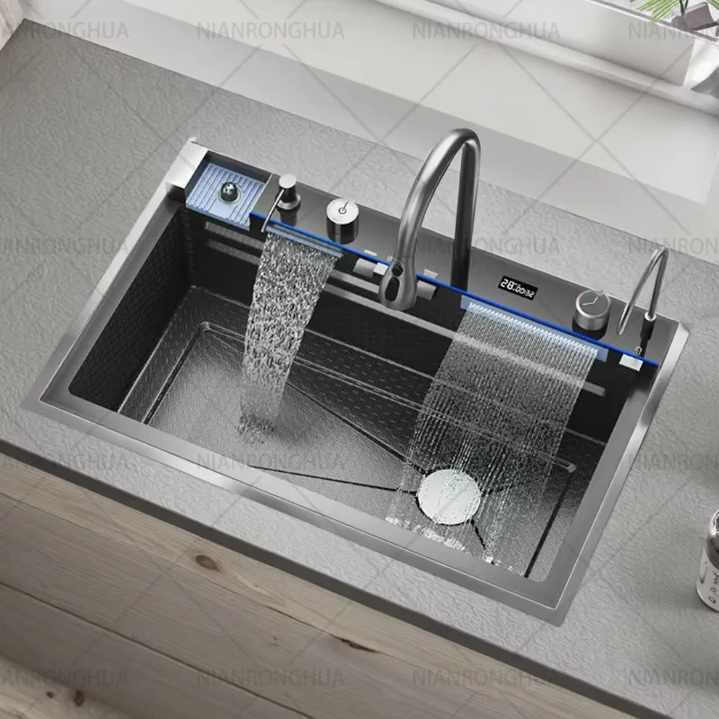 Waterfall Kitchen Sink Single-Slot with intelligent Stainless Steel Smart Honeycomb embosse
