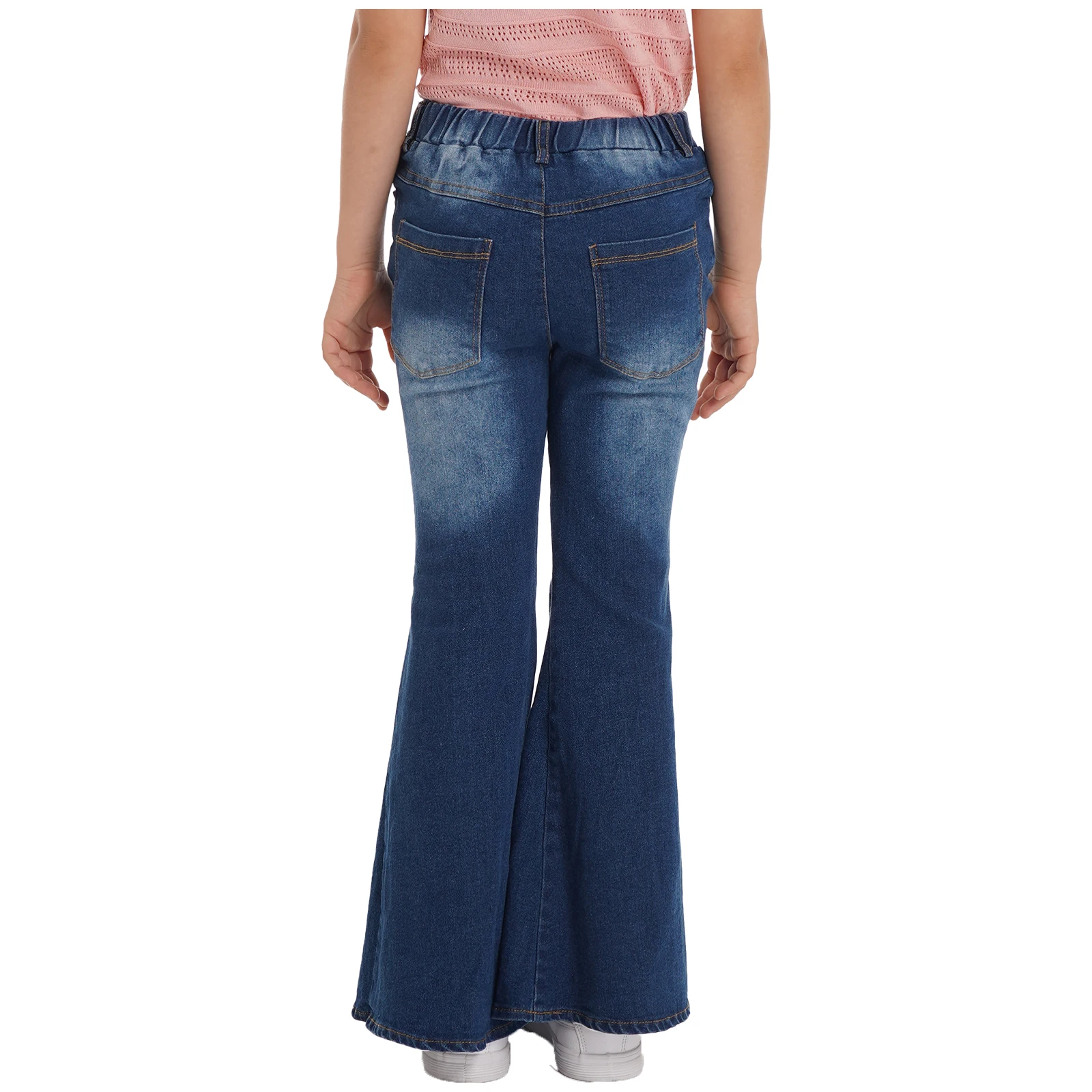 Kids Girls Pants Elastic Waistband Ripped Denim Flare Jeans Hollow Knee Bell-bottom Trousers Slim Fit Long Pants Casual Clothes