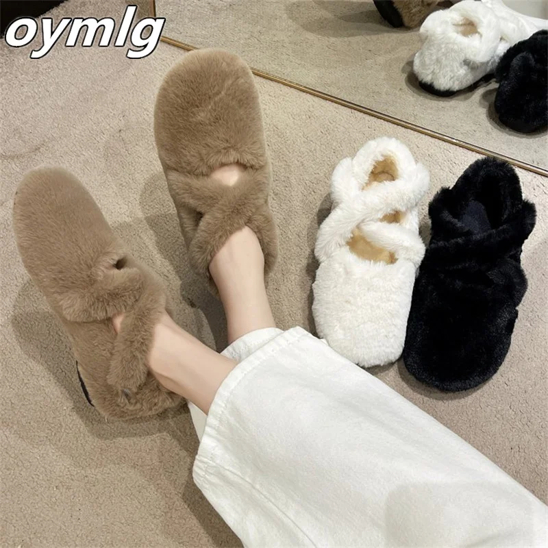 Flat bottomed Mary Jane plush shoes for women wearing out in winter, 2023 new winter plush and thickened foot  cotton shoes