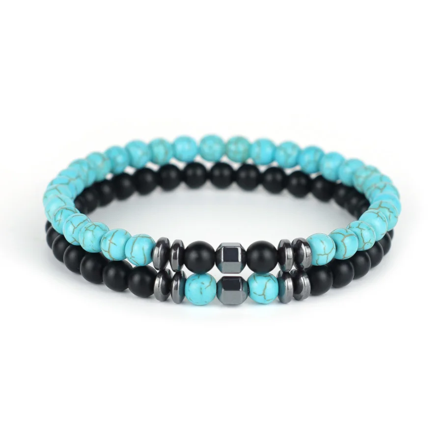 Mens Turquoise Hematite Volcanic Rock Bracelet Set