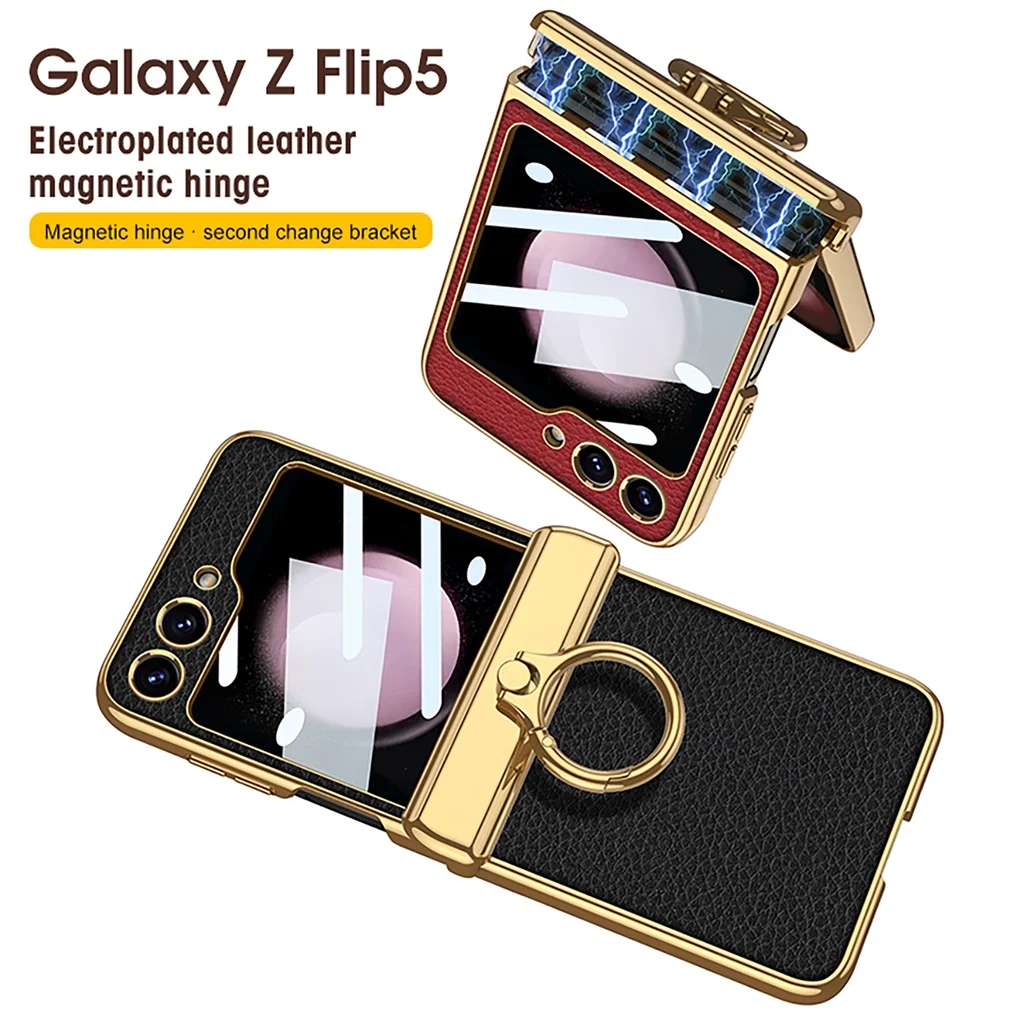 Luxury Magnetic Hinge Protector Electroplated Frame Phone Case Cover For Samsung Galaxy Z Flip 5 5G Case With Ring Holder