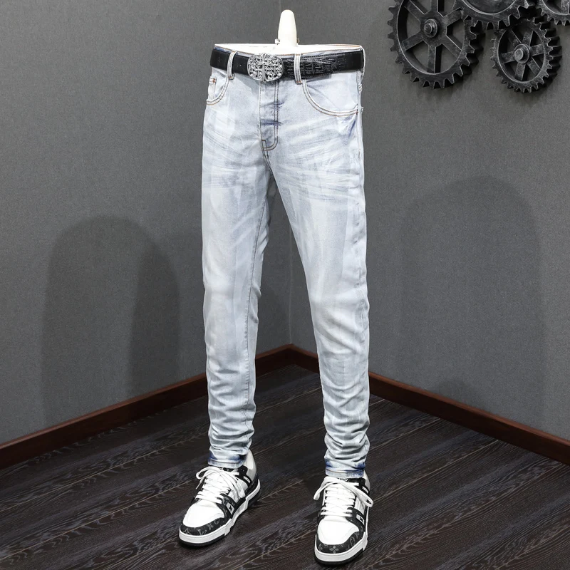 High Street Fashion Men Jeans Retro Light Blue Stretch Skinny Fit Brand Jeans Men Gradation Designer Hip Hop Denim Pencil Pants