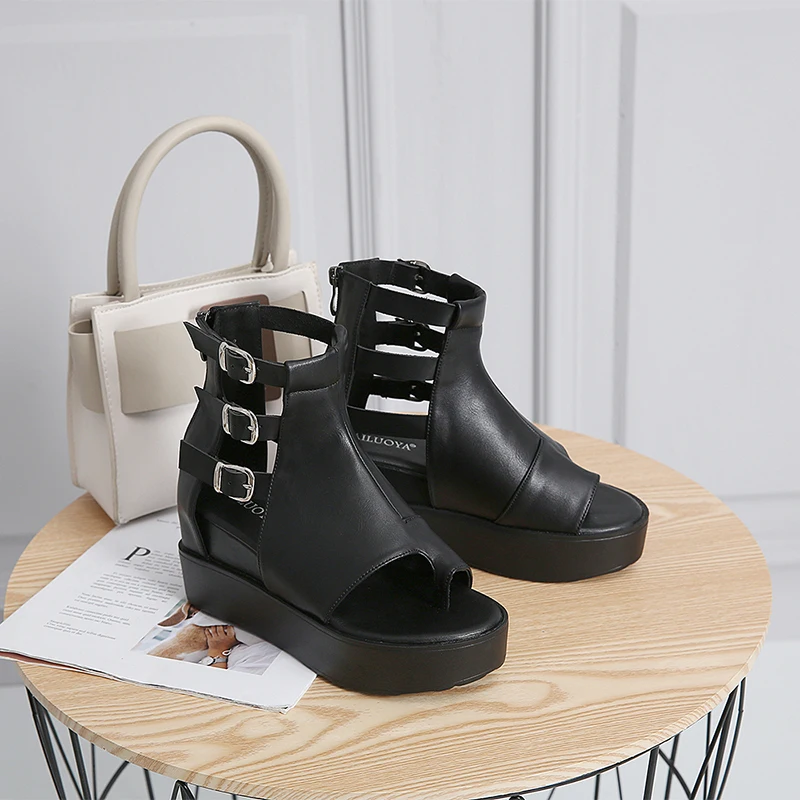 ZOOKERLIN Spring Autumn Platform Peep Toe Wedges Zip Hollow Women's Boots Belt Buckle PU Leather Solid Color Ankle Boots Black