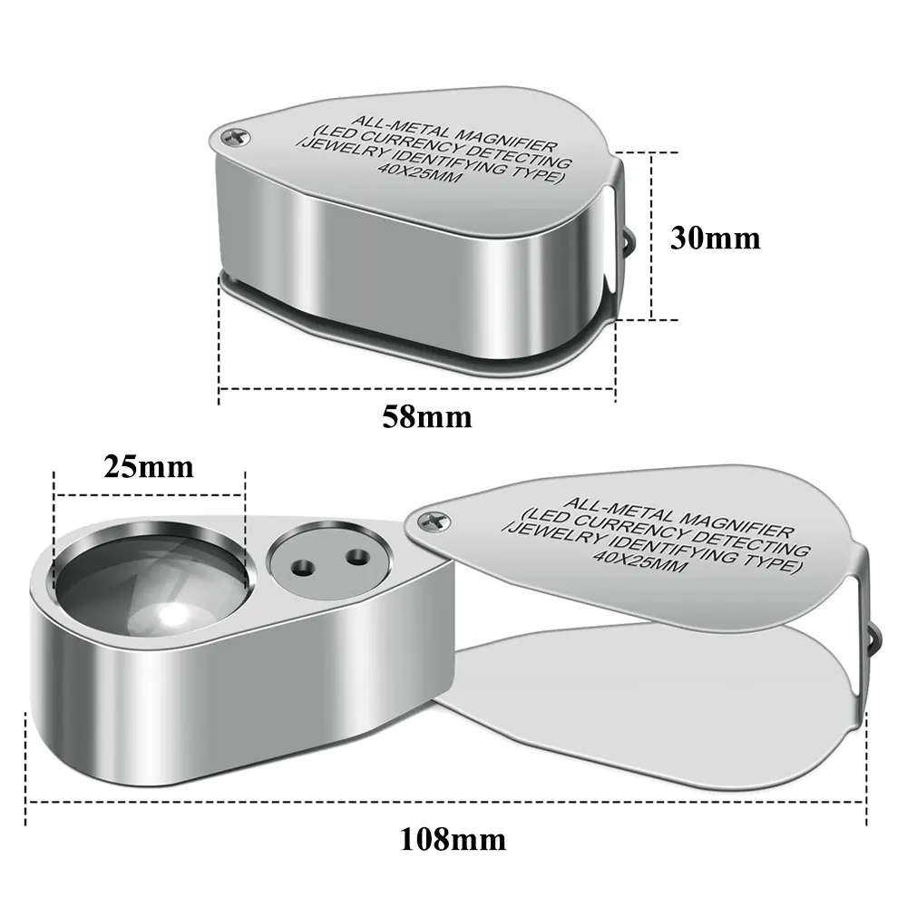 Magnifying glass 40X Jewelers Loupe Magnifier Metal Magnifying Glasses LED UV Illuminated Jewelry Loop Pocket Folding Magnifying Glass for Coins