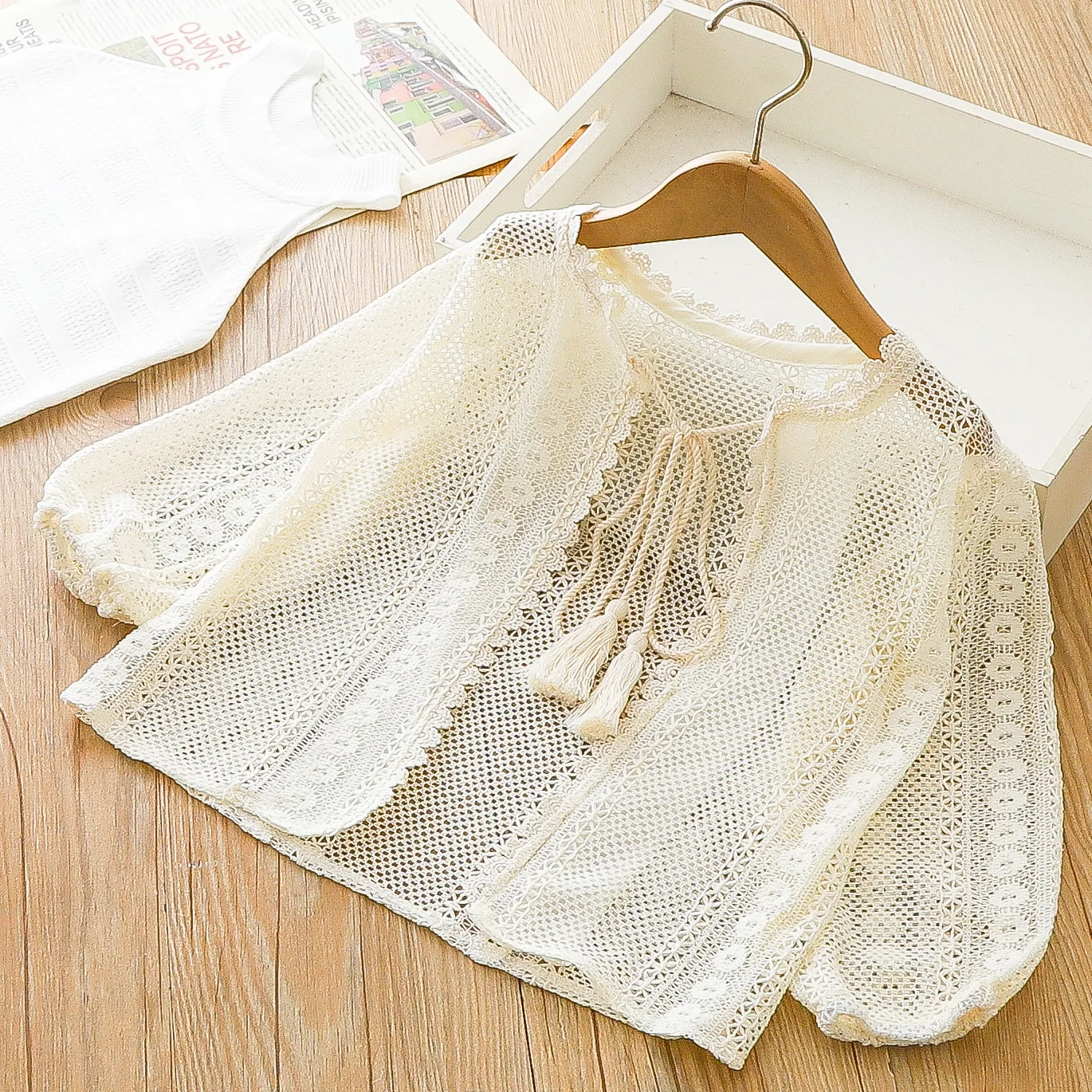 

Sunscreen clothes for girls blouse summer jacket 2024 seaside anti-ultraviolet hollow lace baby girl top