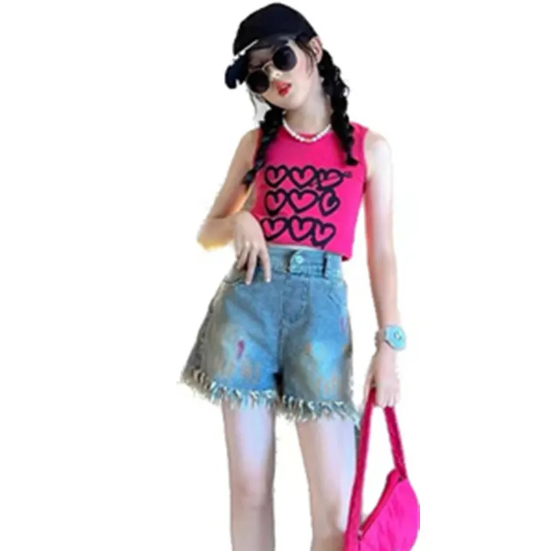 

Young Children Costumes Girls Set Trendy Heart Pattern Vest Slim + Shorts Tassel 2Pcs New Summer Dance Outfits 5 To 14 Years Old