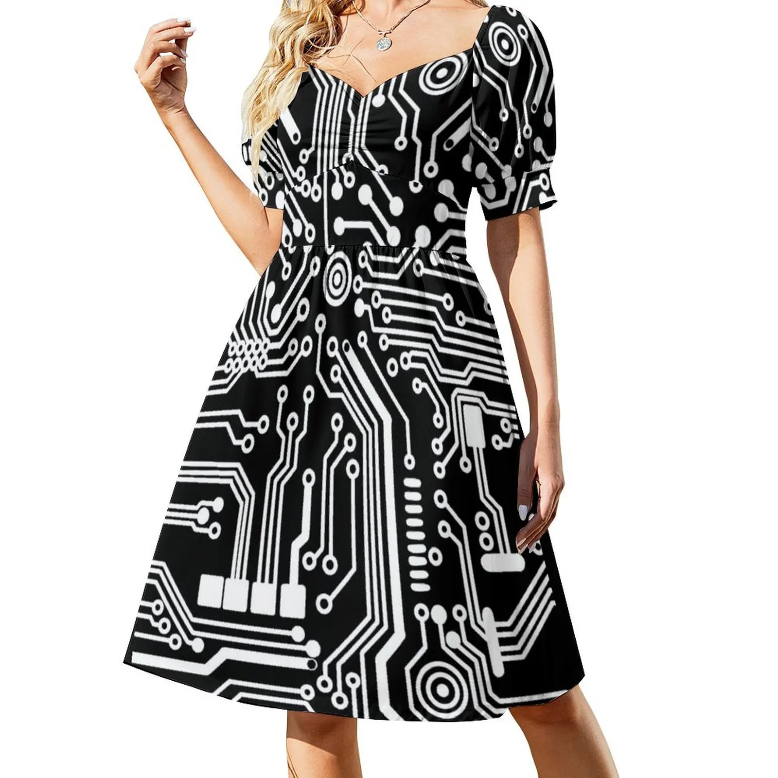 thumbnail image 1 of Vestido de manga corta con diseño de circuito de hardware de microchip negro, vestidos de moda para mujer, vestidos con mangas largas., 1 of 7