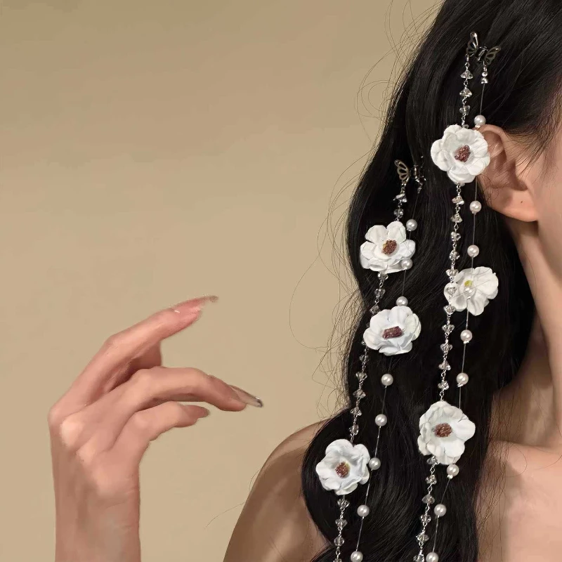 1-teiliges Gänseblümchen- und Perlen-Haarketten-Set – Schmetterlingsclip + floraler Perlenquasten-Anhänger für Zöpfe, Boho-Feen-Stil Sommer-Foto-Accessoire – Detail 10