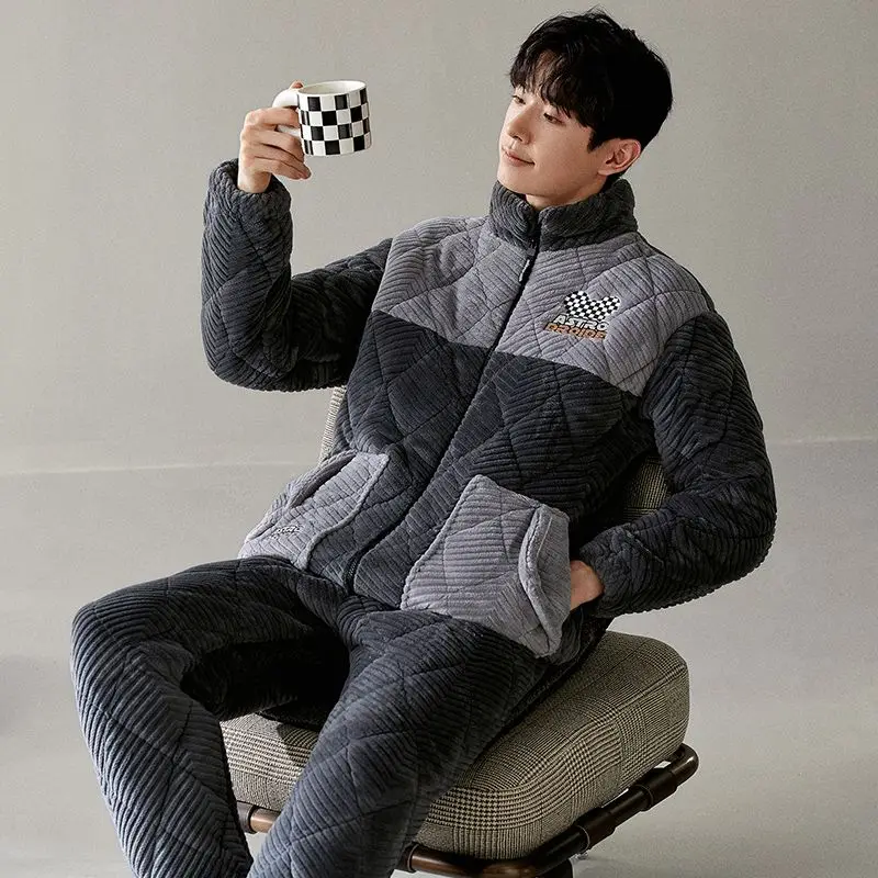 Winter Men's Pajamas Three-Layer Quilted Thickened Velvet Coral Fleece Youth Homewear Suit Stand-up Collar Thermal Nightclothes
