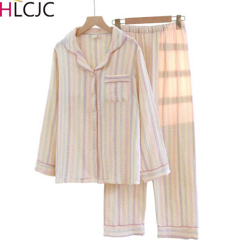 

2023 Autumn Rainbow Striped Crepe Double Layer Gauze Women Pajamas Cotton Long Sleeve Trousers Sleepwear Women's Home Clothes