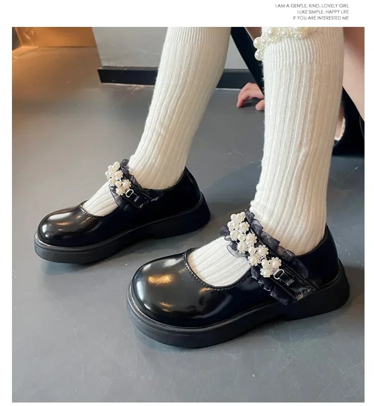 Description Picture 5 of itemChildren's PU Shoes New Pearl Lace Princess Soft-soled Footwear Kids Flat Rubber Loafers Girls School Student Daily 23-35