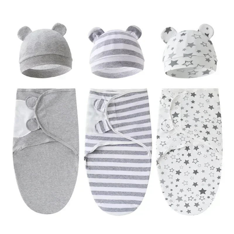 Cotton Baby Swaddle Blanket Swaddle Wrap Baby Hat Set Infant Adjustable Newborn Swaddles 0-6 Month Cotton Muslin Blanket Cotton Blanket Swaddle Blanket Cotton Swaddle Cotton Gauze Blanket Blanket Hat Set Cotton Knit Blanket