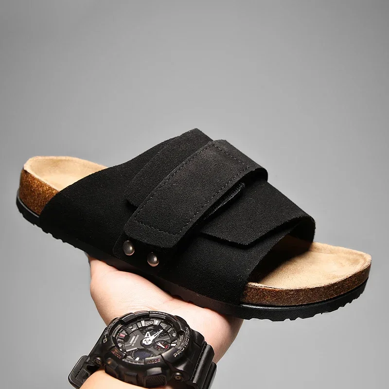 Cork Slippers Men Summer Beach Slides Suede Leather Womens Flat Sandals Fashionable Outdoor Male Mules Non Slip