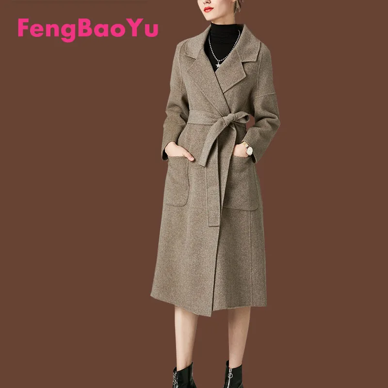 

Fengbaoyu Double-sided Cashmere Coat Women 2023 New Korean Version of Autumn and Winter Long Oat Color Woolen Coat Soft Luster