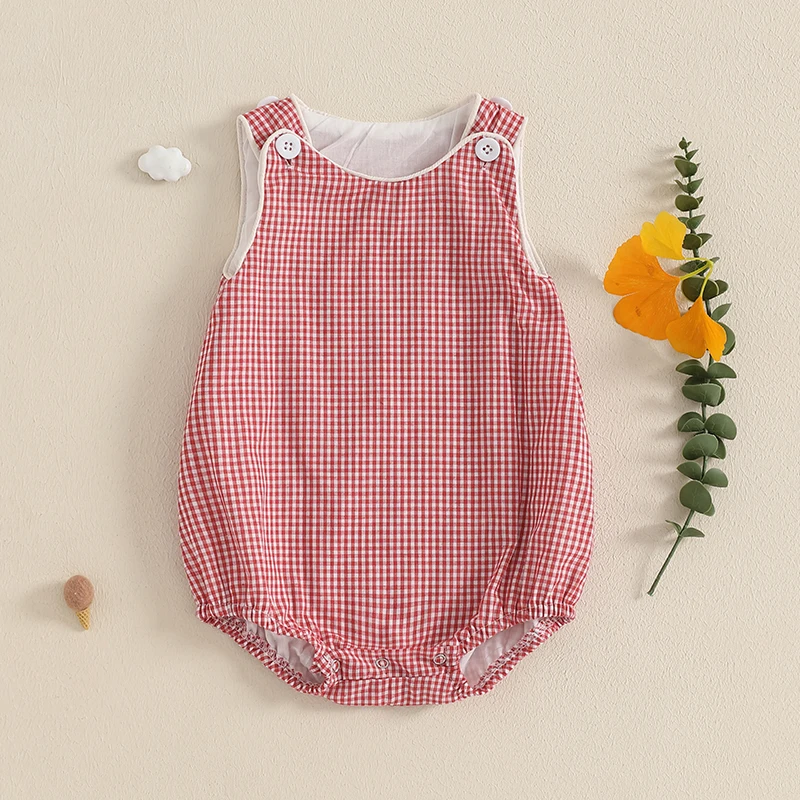 0-18M Newborn Baby Summer Tank Romper Plaid Print Sleeveless Round Neck Jumpsuit for Boys and Girls 2