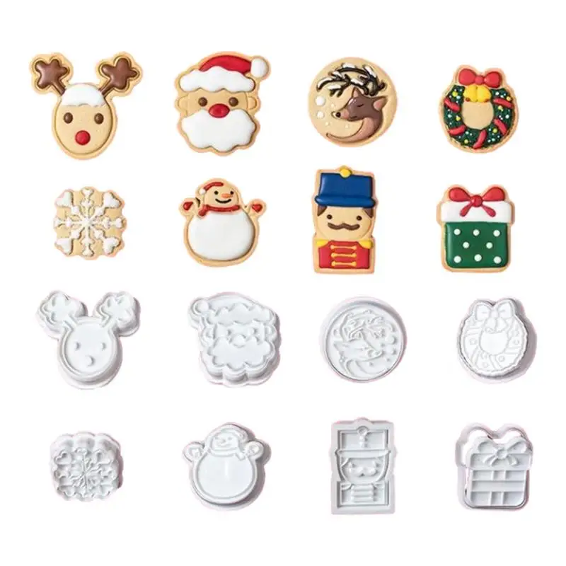 

Christmas Cookie Cutters Stamps Christmas Elements 8 Piece Set Stainless 3D Cookie Cutters Stamp Biscuit Stamp Cookie Mold