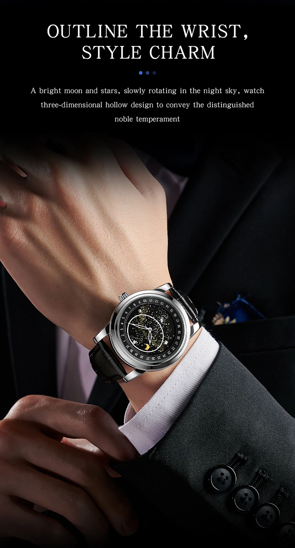 Sanda Men's Watches Quartz Men Watch Luxury Starry Sky Dial Fashion Luminous Waterproof Watches Genuine Leather Strap For Men 7002