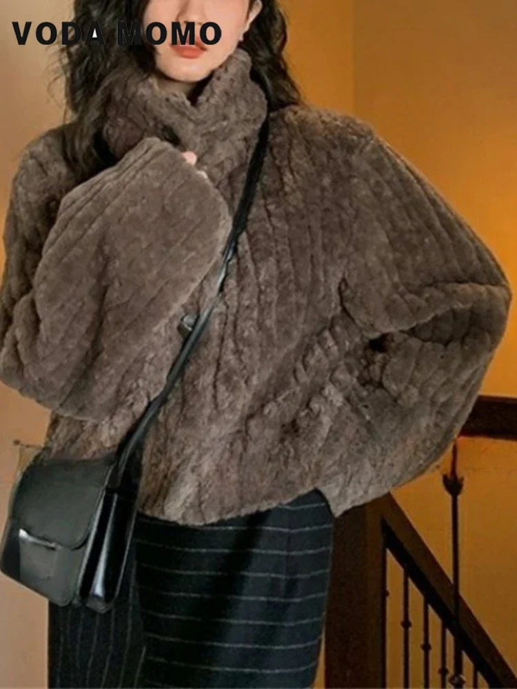 

Streetwear Fashion Fluffy Coats Y2k Aesthetic Grunge Women Harajuku Coat Vintage Cropped Stand Neck Loose Casual Jacket Japanese