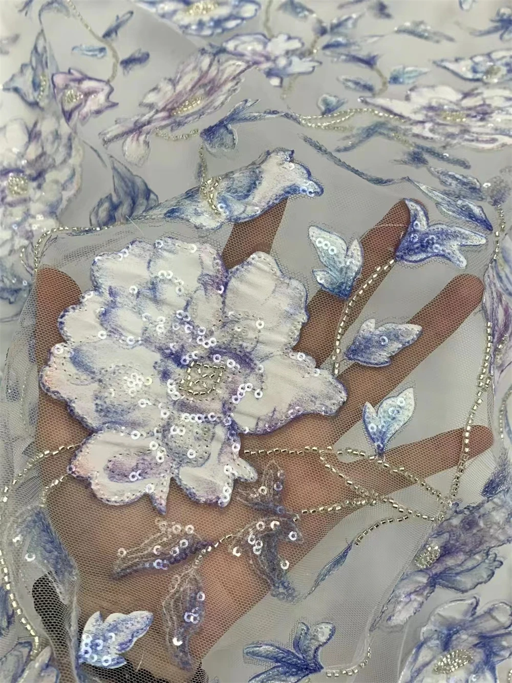 Fashion Elegant French Embroidery Beaded Lace Fabric African Nigerian With Sequins Fabric For Wedding Dress