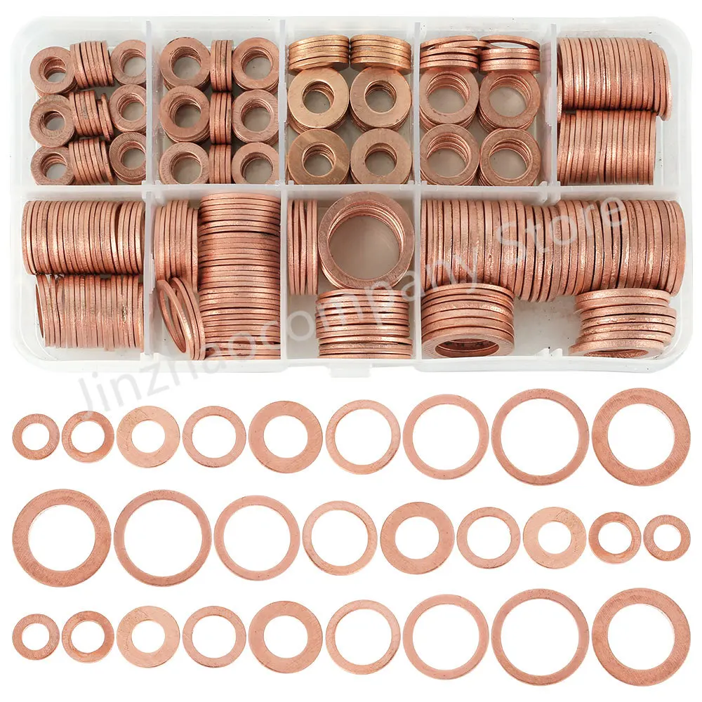 400/300/280/200/150/100Pcs Washer Copper Washer Gasket Nut and Bolt Set Flat Ring Seal Assortment Kit with Box for Sump Plugs