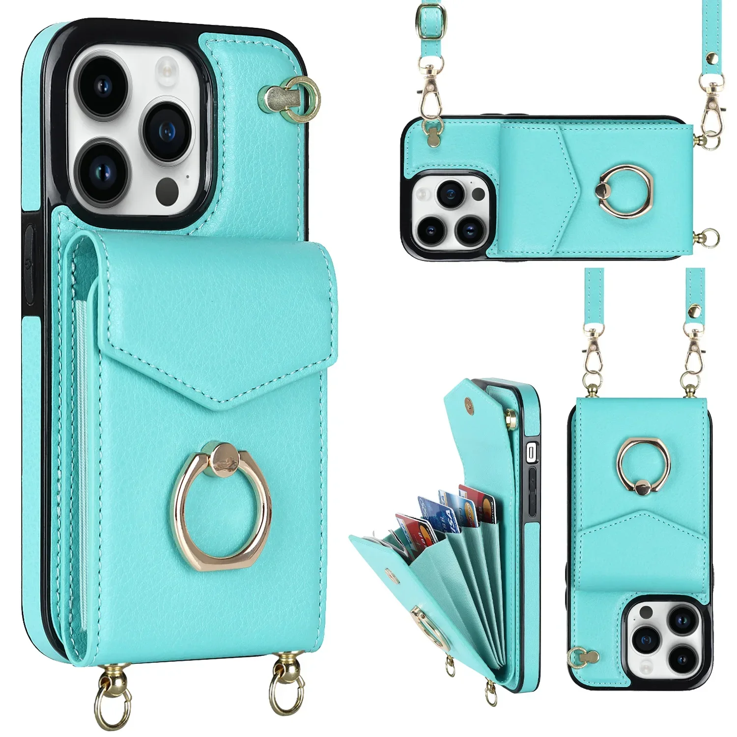 Crossbody Lanyard RFID Blocking Leather Card Holder with Ring Attachment