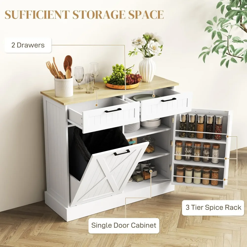 Tilt Out Trash Can Cabinet, 10 Gallon Farmhouse Kitchen Cabinet with Hidden Trash Can and 2 Drawers for Laundry Room, Pantry 6