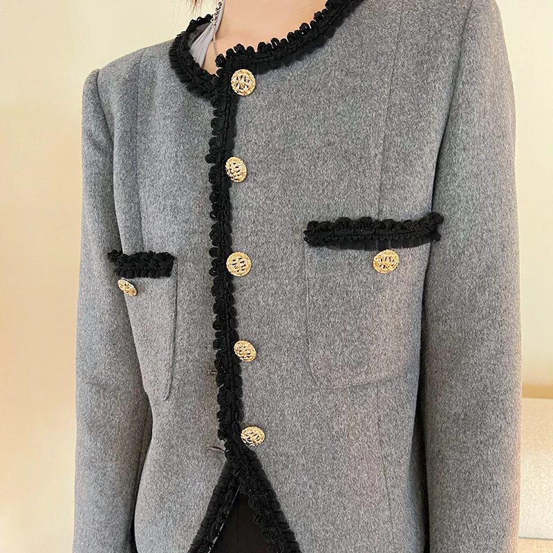 

Elegant Jackets Office Wear Ladies 2023 Vintage Gray Tweed Jacket Women Autumn Winter O-neck Short Wool Coats Korean Streetwear