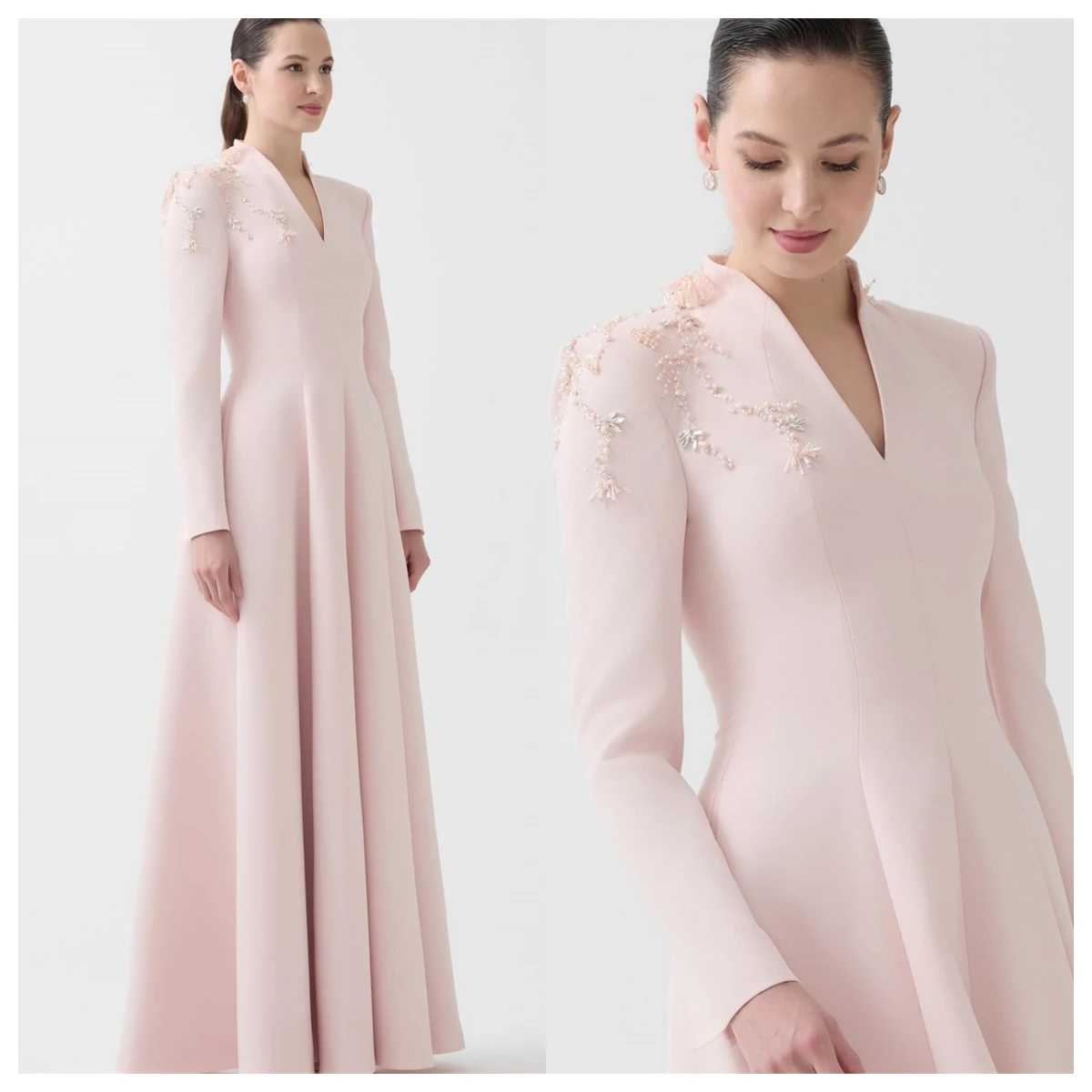 Customized Customized Delicate Pink Jersey Evening Dress V-Neck Long Sleeves Celebrity Gowns Appliques Elegant Bespoke Occasion 2