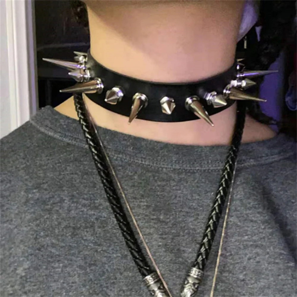 Fashion Male Spiked Choker Punk Long Spike Choker Faux