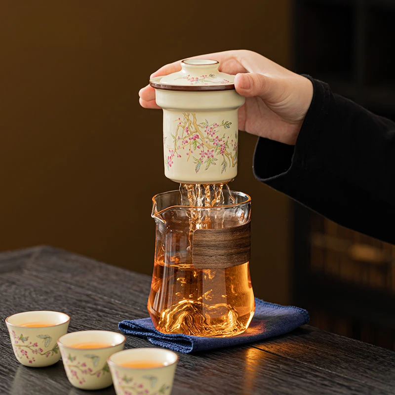 High-end Wisteria Ruyao Beige Travel Tea Set Simple Household Outdoor Ceramic Teapot Tea Set Quick Cup with Portable Storage Bag