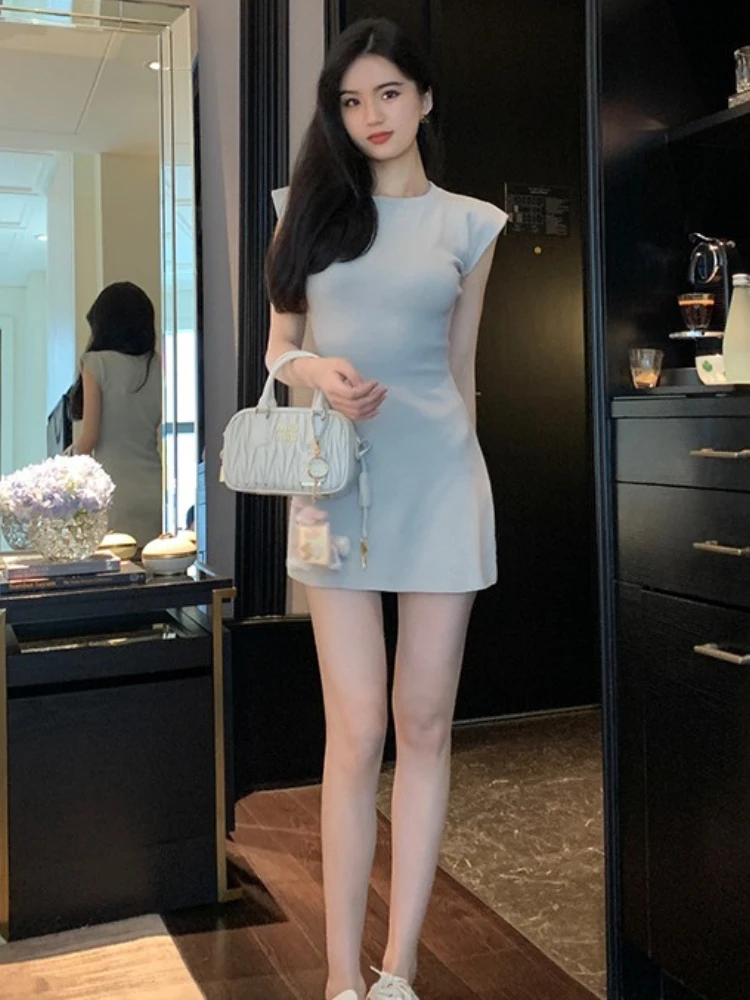 Mini Dresses Women Knitting Solid Casual Gentle Korean Style Sleeveless Aesthetic Fashion Basic Streetwear O-neck Summer Soft