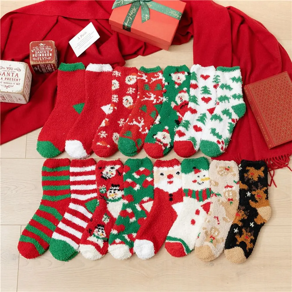 

Comfortable Warm Cold-proof Stripe Coral Fleece Santa Claus Pine Tree Christmas Socks Winter Socks Hosiery Women Short Socks