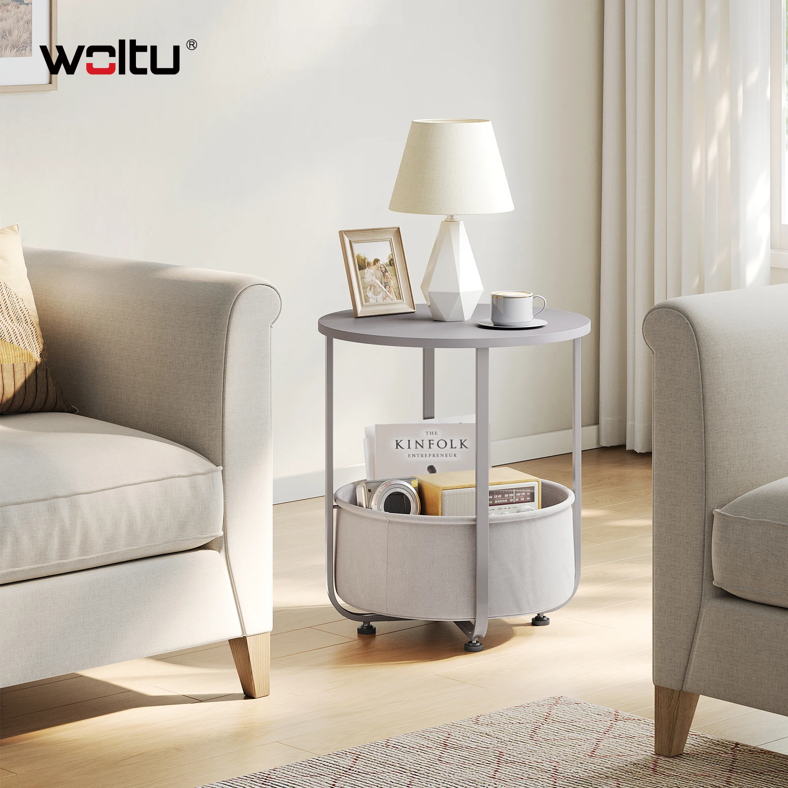 WOLTU Runder kleiner Couchtisch, Beistelltisch mit Stoff-Aufbewahrungskorb, Metallrahmen, Nachttisch, modern, für Wohnzimmer, Schlafzimmer – Detail 22