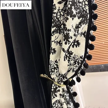 Retro French Black Velvet Curtains with Embroidery & White Tulle 1