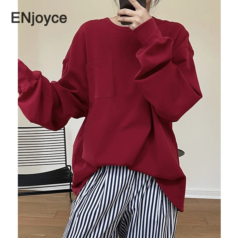 

Korean Simple Round Neck Long Sleeve T-shirt Women Cotton Tee Shirt Women Casual Loose Pocket Pullover Tshirt Tops Spring 2022