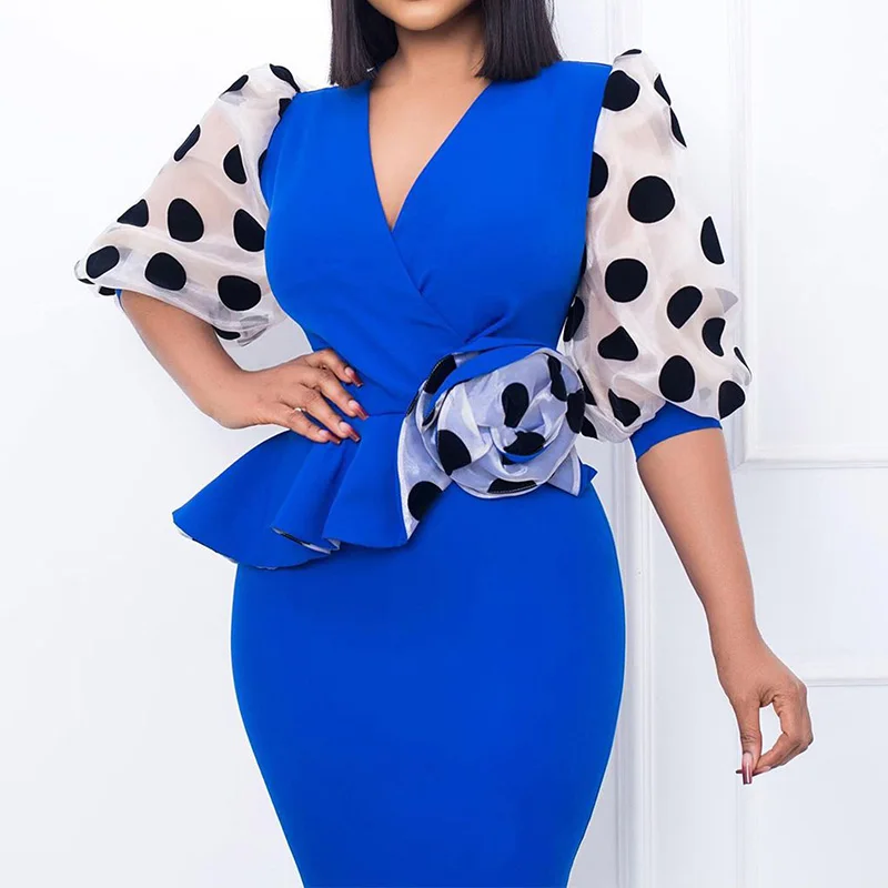 Autumn Winter New Polka Dot Printed Plus Size Dress Women Three Quarter Sleeve Bag Hip Lady Pencil Skirt Sexy Fashion Robe Femme
